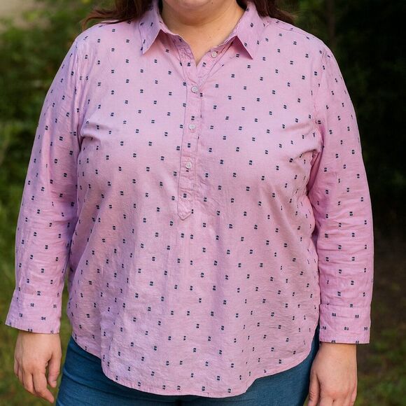 Talbots Pink & Black Swiss Dot Cotton Blouse Plus Size 1X Button Down - Picture 1 of 9
